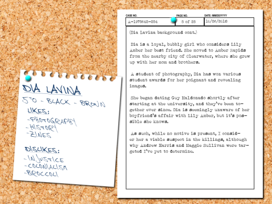 Chambers' notes on Dia Lavina, Lily Amber's best friend.